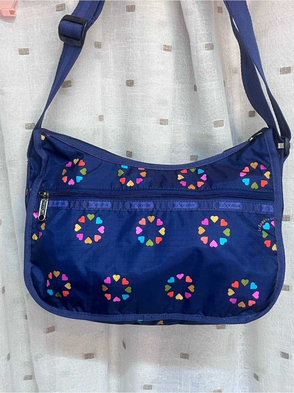 LeSportsac Classic Hobo Navy Crossbody Bag with Multicolor Heart Circle Print